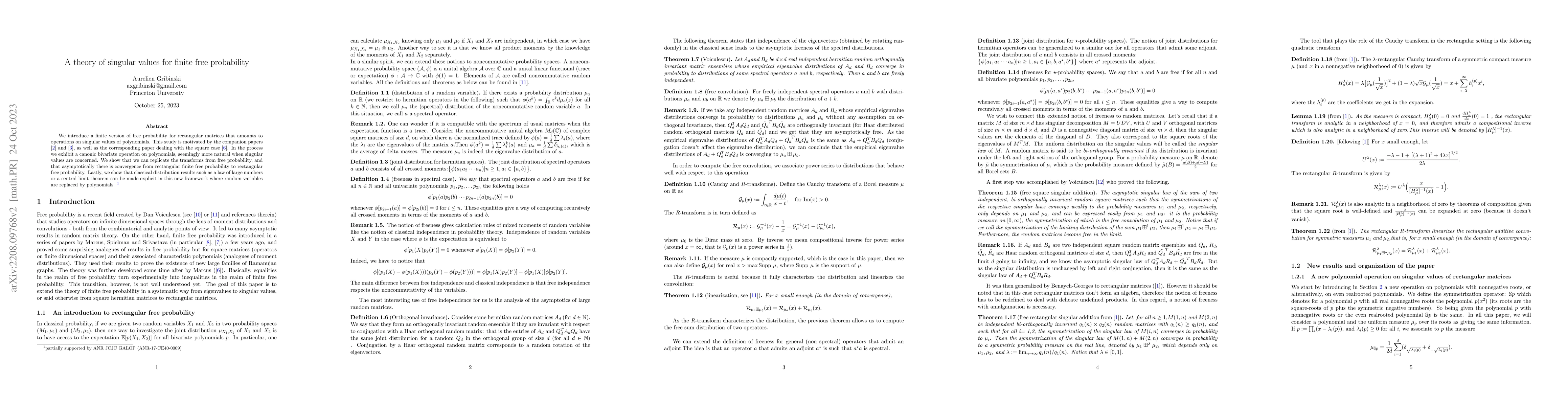Thumbnail for A theory of singular values for finite free probability