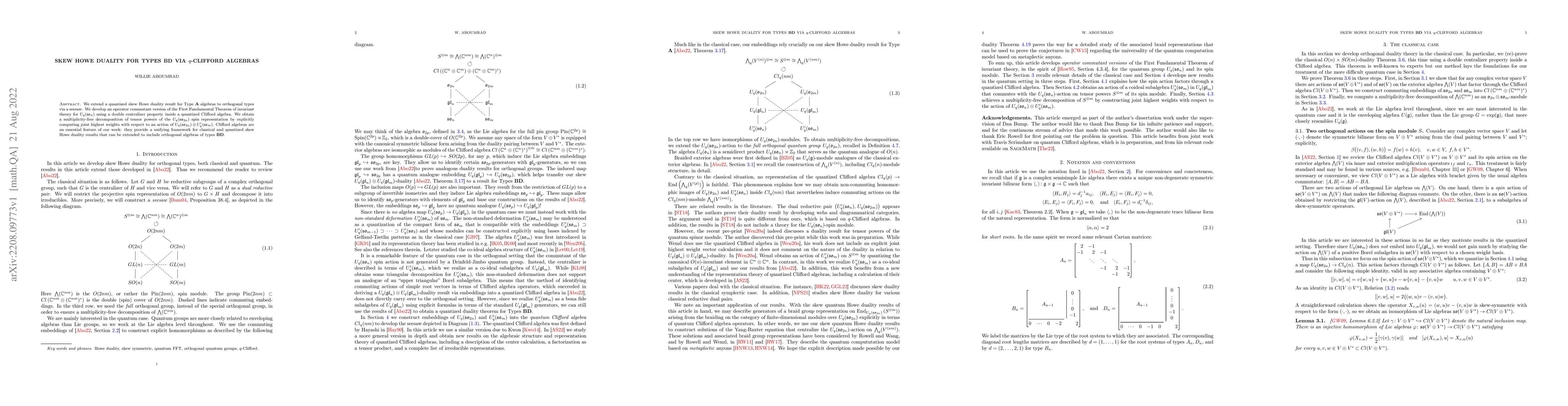 Thumbnail for Skew Howe duality for Types $\mathbf{BD}$ via $q$-Clifford algebras