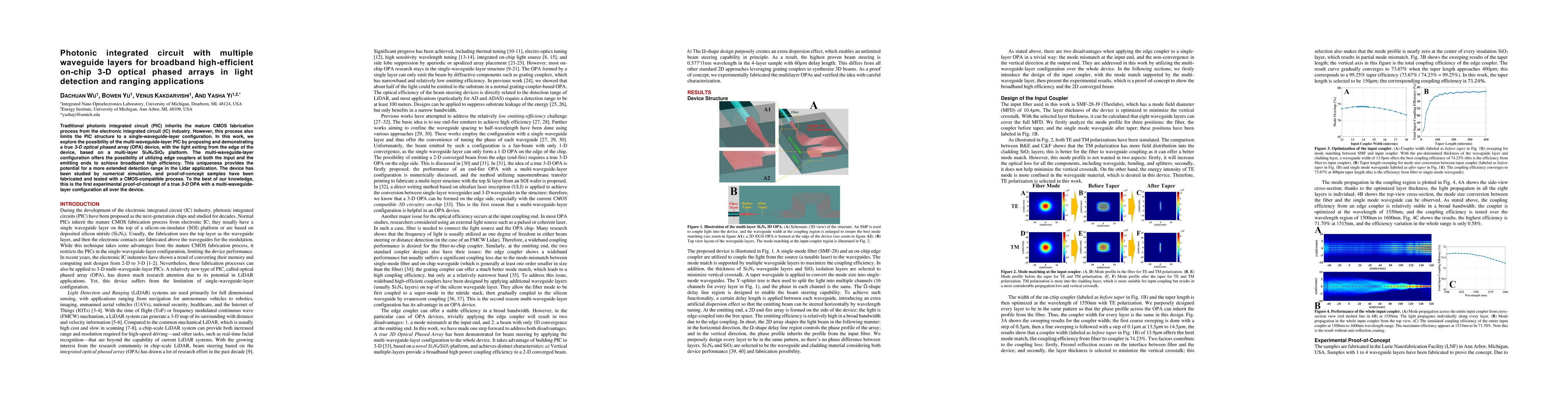 Thumbnail for Photonic integrated circuit with multiple waveguide layers for broadband
  high-efficient on-chip 3-D optical phased arrays in light detection and
  ranging applications