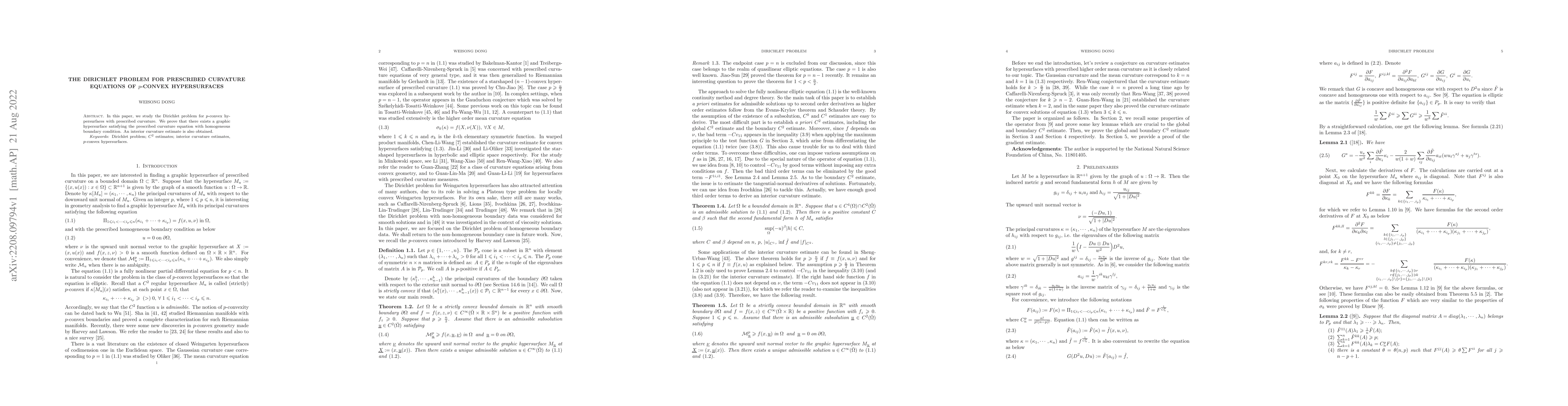 Thumbnail for The Dirichlet problem for prescribed curvature equations of $p$-convex
  hypersurfaces