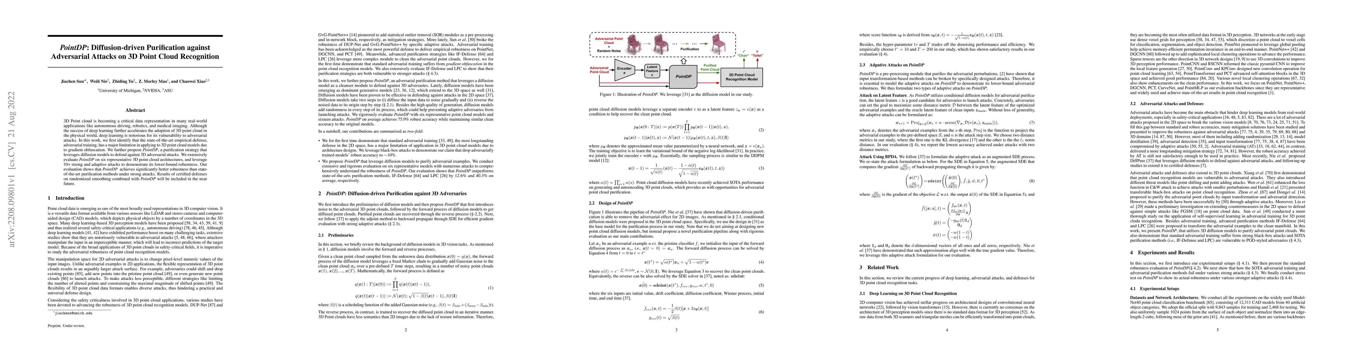 Thumbnail for PointDP: Diffusion-driven Purification against Adversarial Attacks on 3D
  Point Cloud Recognition