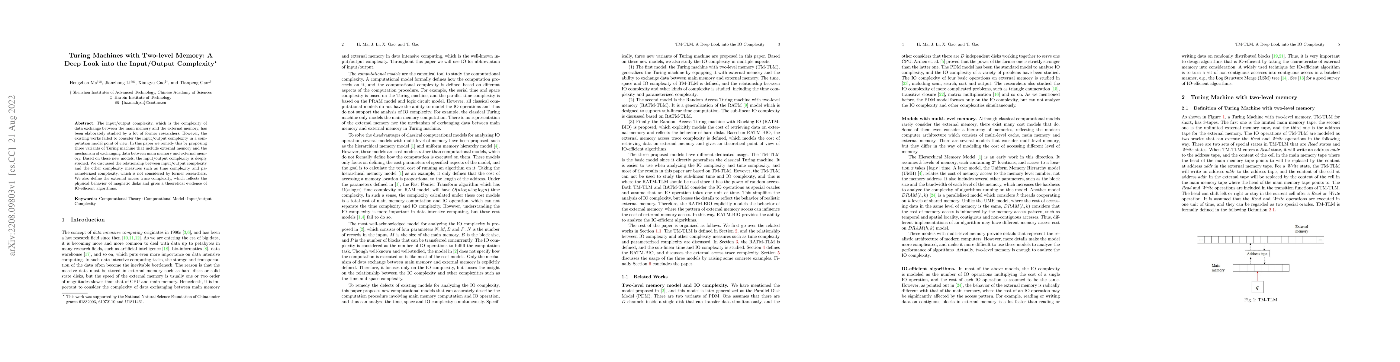 Thumbnail for Turing Machines with Two-level Memory: A Deep Look into the Input/Output
  Complexity