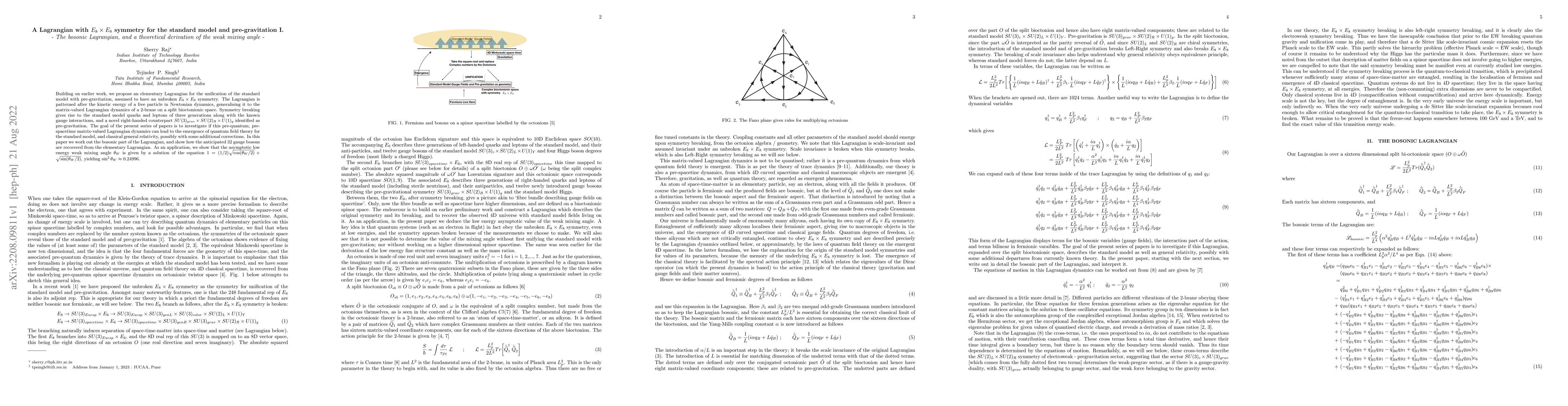 Thumbnail for A Lagrangian with $E_8\times E_8$ symmetry for the standard model and
  pre-gravitation I. -- The bosonic Lagrangian, and a theoretical derivation of
  the weak mixing angle