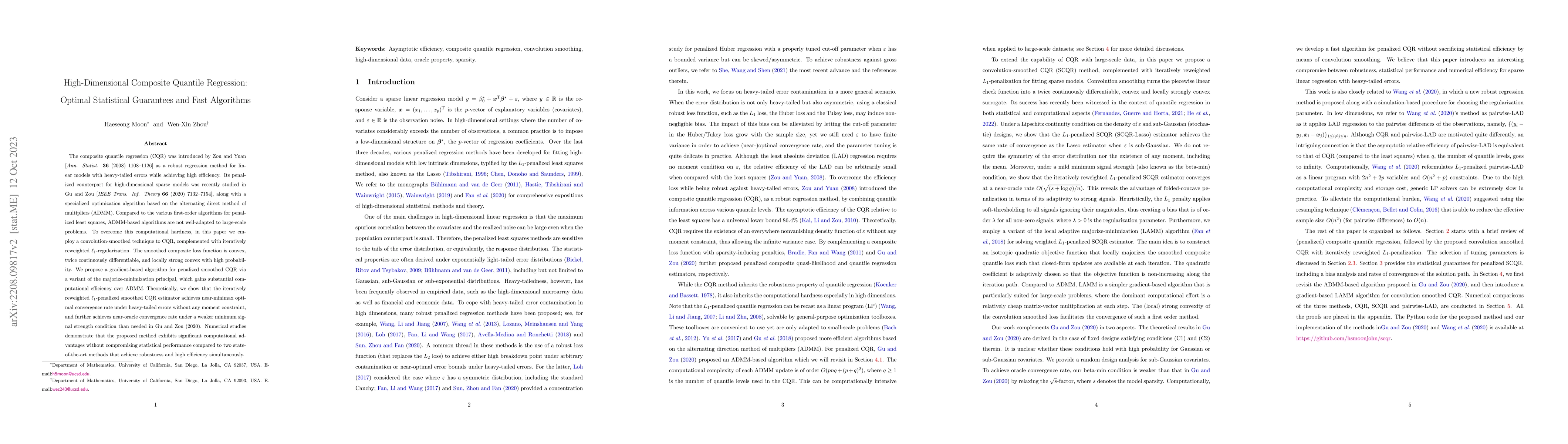 Thumbnail for High-Dimensional Composite Quantile Regression: Optimal Statistical
  Guarantees and Fast Algorithms