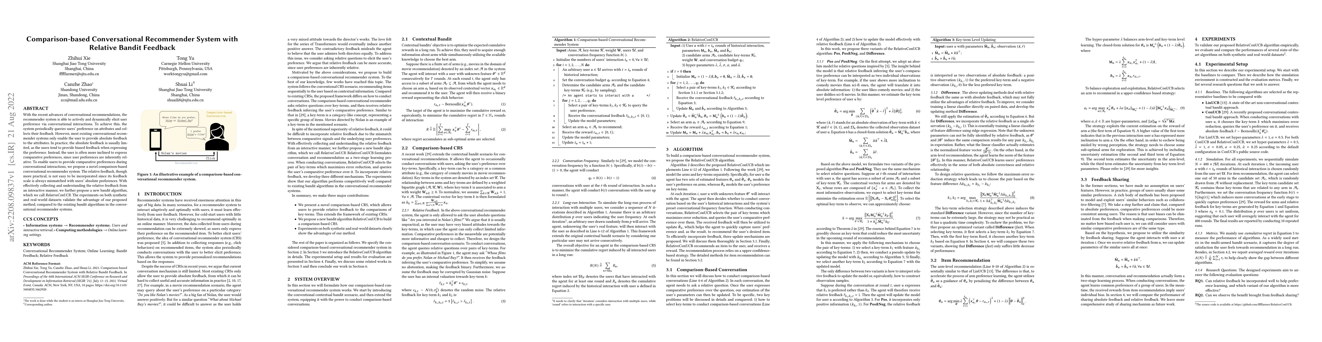 Thumbnail for Comparison-based Conversational Recommender System with Relative Bandit
  Feedback