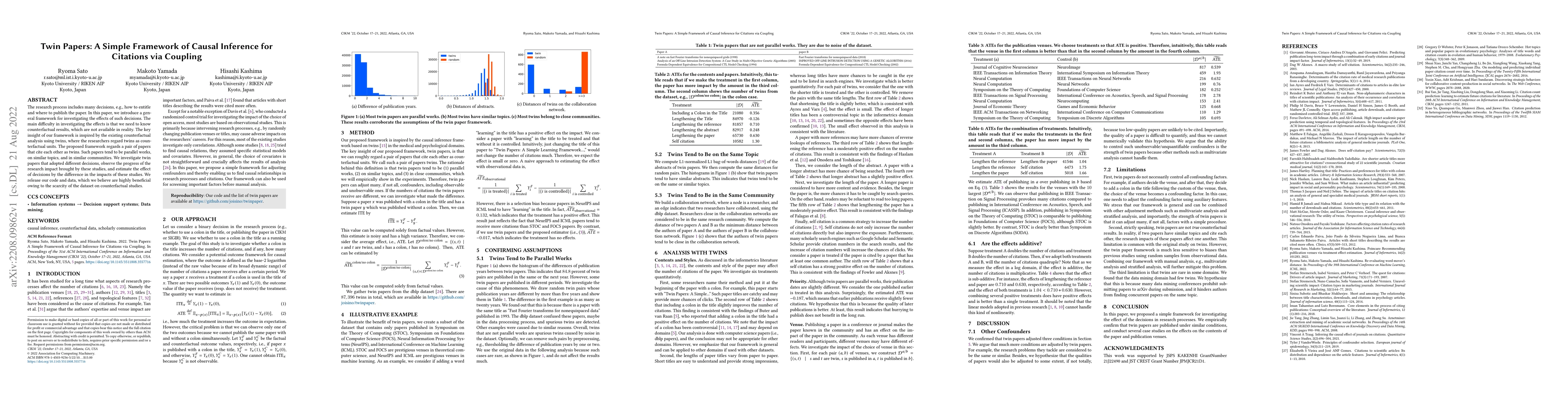 Thumbnail for Twin Papers: A Simple Framework of Causal Inference for Citations via
  Coupling