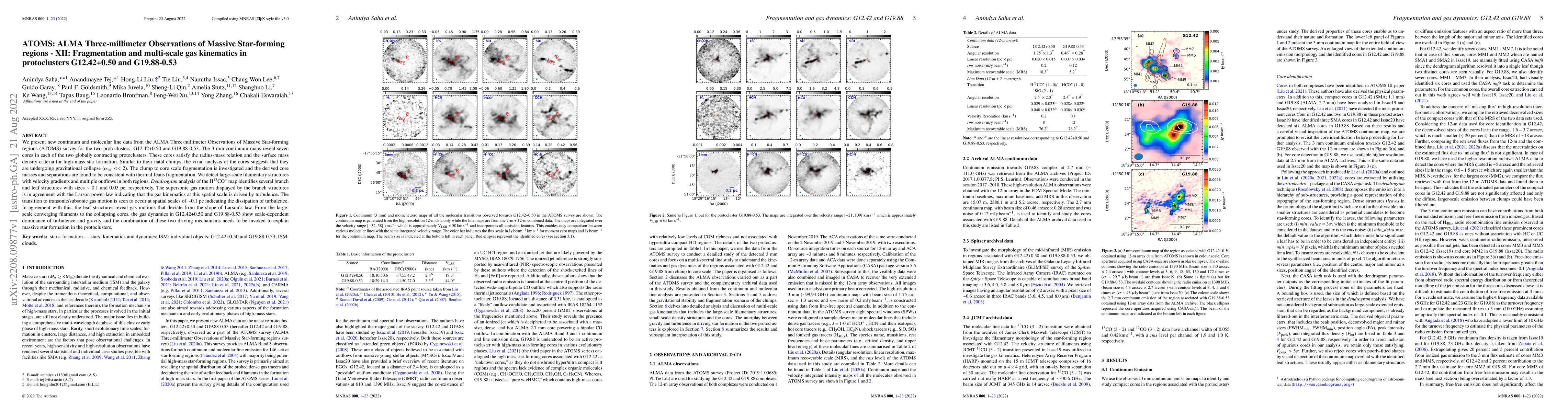 Thumbnail for ATOMS: ALMA Three-millimeter Observations of Massive Star-forming
  regions -- XII: Fragmentation and multi-scale gas kinematics in protoclusters
  G12.42+0.50 and G19.88-0.53