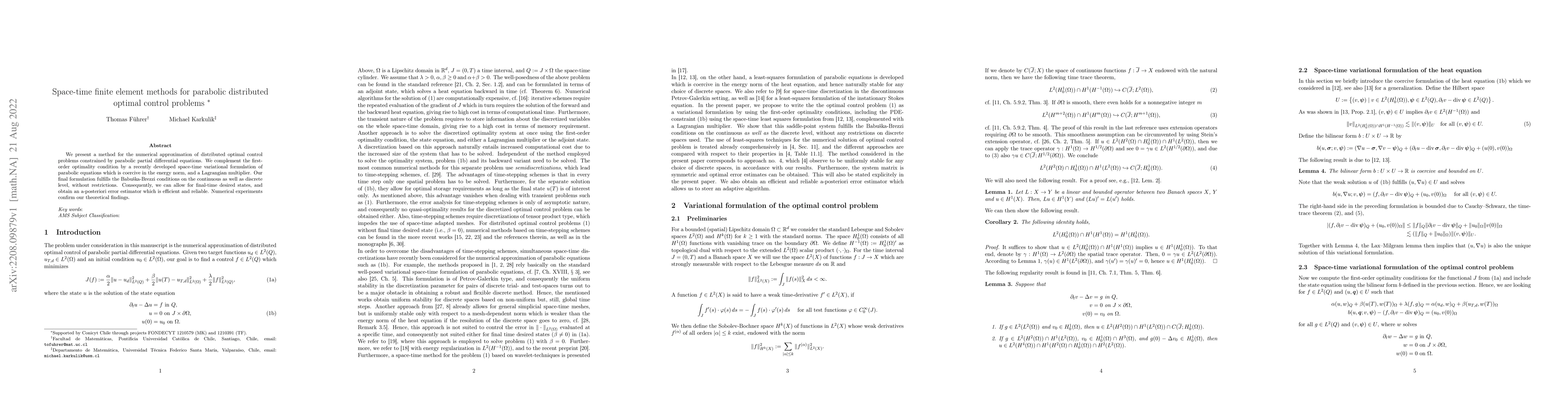 Thumbnail for Space-time finite element methods for parabolic distributed optimal
  control problems