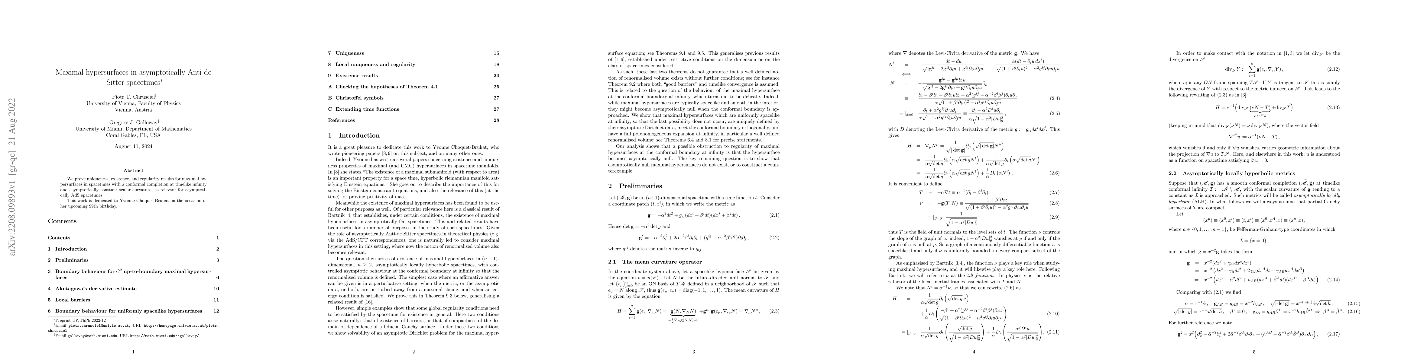 Thumbnail for Maximal hypersurfaces in asymptotically Anti-de Sitter spacetime