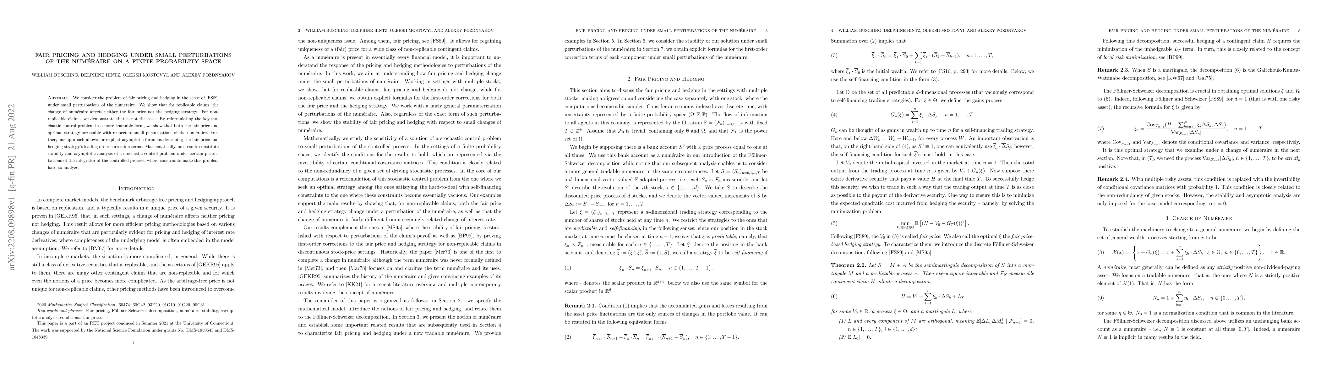 Thumbnail for Fair pricing and hedging under small perturbations of the num\'eraire on
  a finite probability space