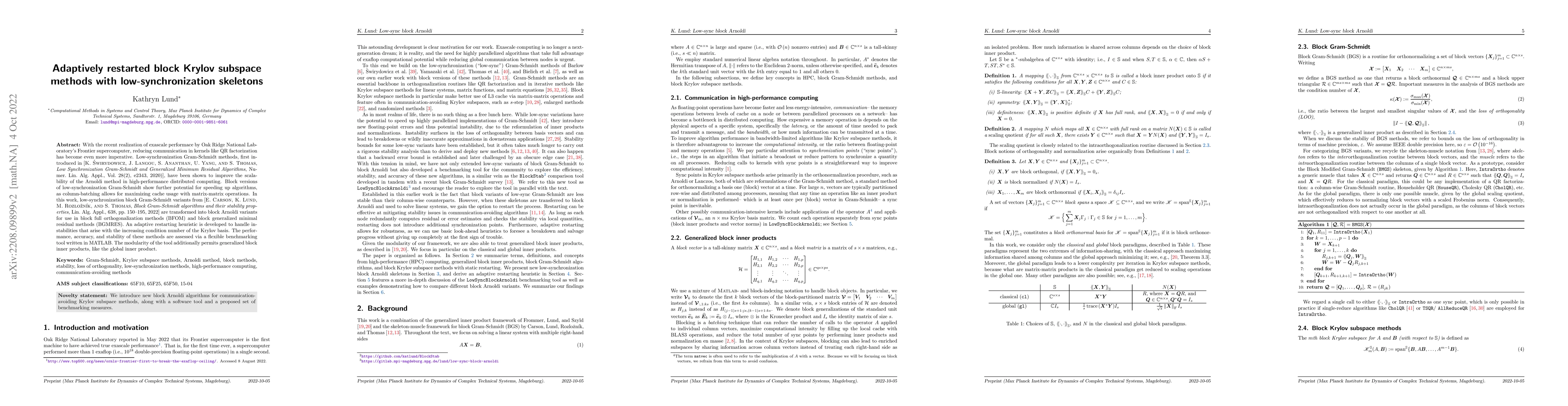Thumbnail for Adaptively restarted block Krylov subspace methods with
  low-synchronization skeletons