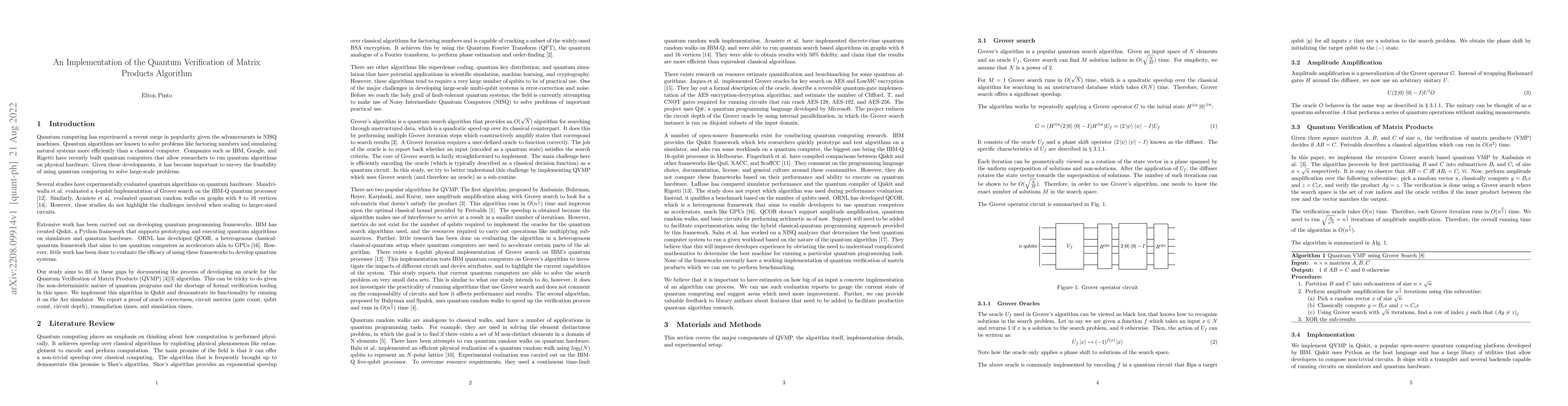 Thumbnail for An Implementation of the Quantum Verification of Matrix Products
  Algorithm