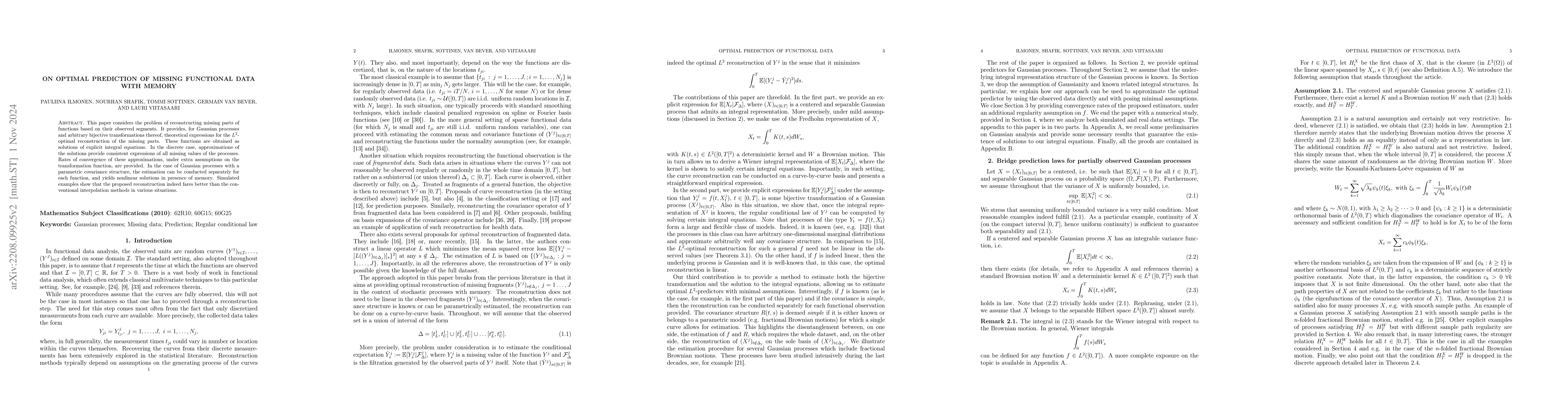 Thumbnail for On optimal prediction of missing functional data with memory
