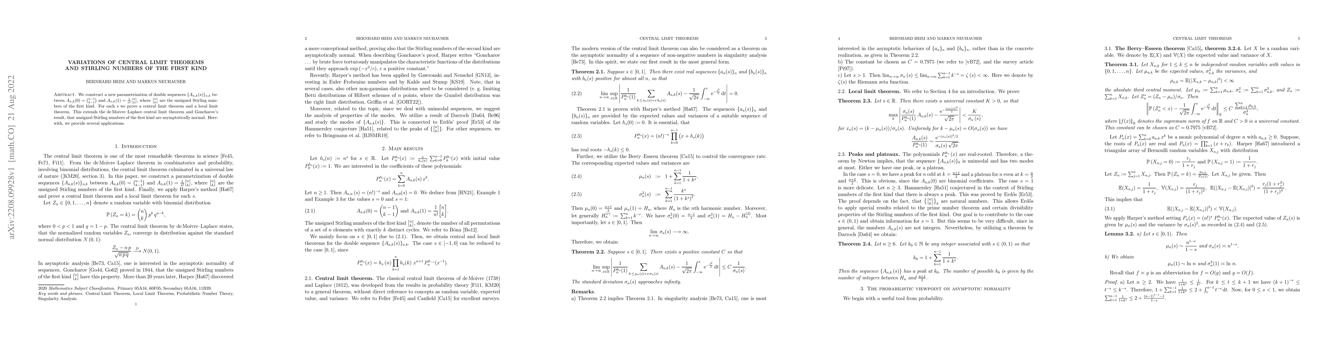 Thumbnail for Variations of Central Limit Theorems and Stirling numbers of the First
  Kind
