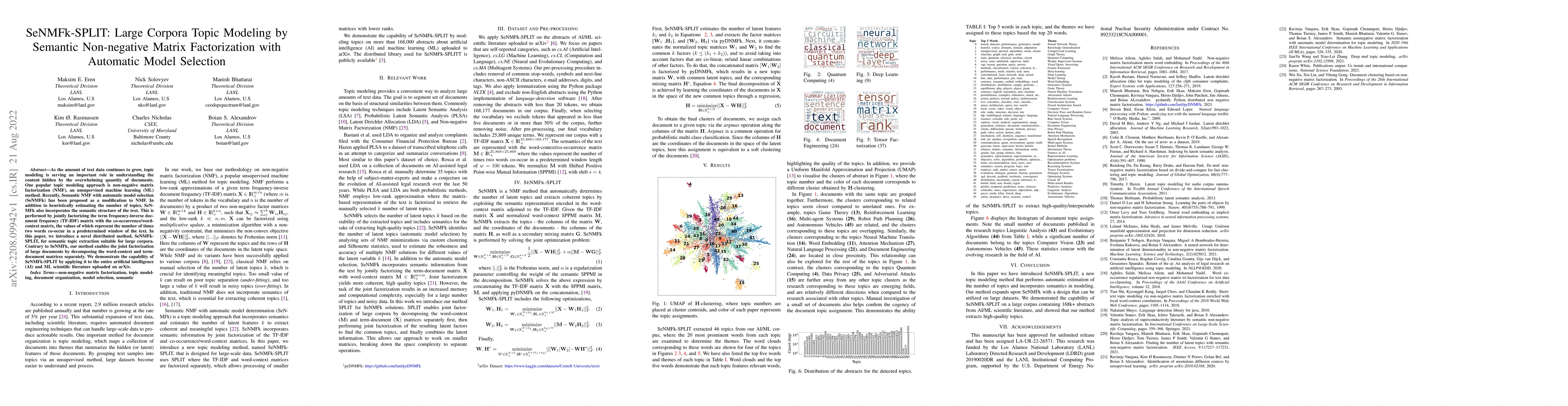 Thumbnail for SeNMFk-SPLIT: Large Corpora Topic Modeling by Semantic Non-negative
  Matrix Factorization with Automatic Model Selection