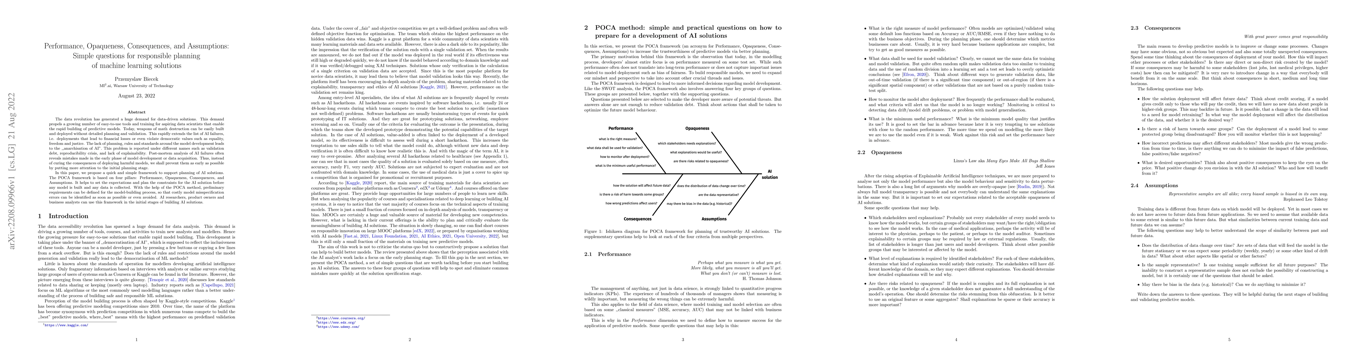 Thumbnail for Performance, Opaqueness, Consequences, and Assumptions: Simple questions
  for responsible planning of machine learning solutions