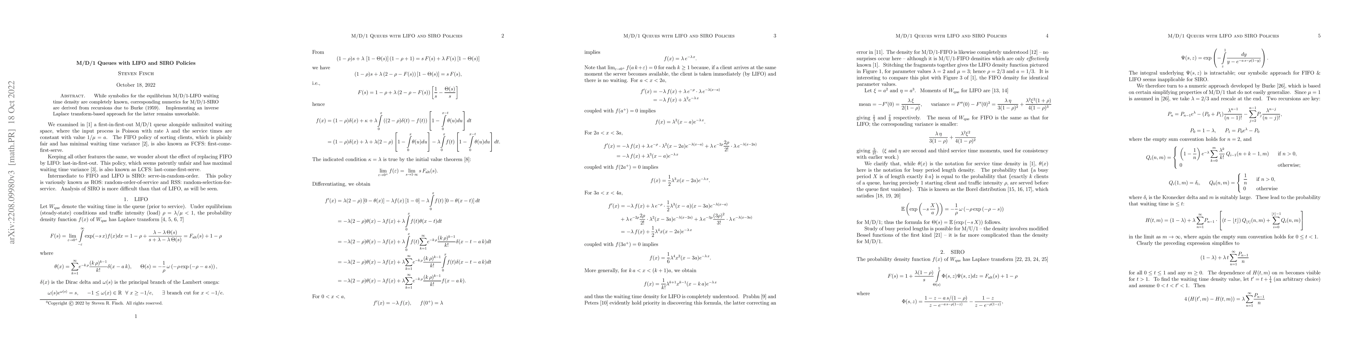 Thumbnail for M/D/1 Queues with LIFO and SIRO Policies