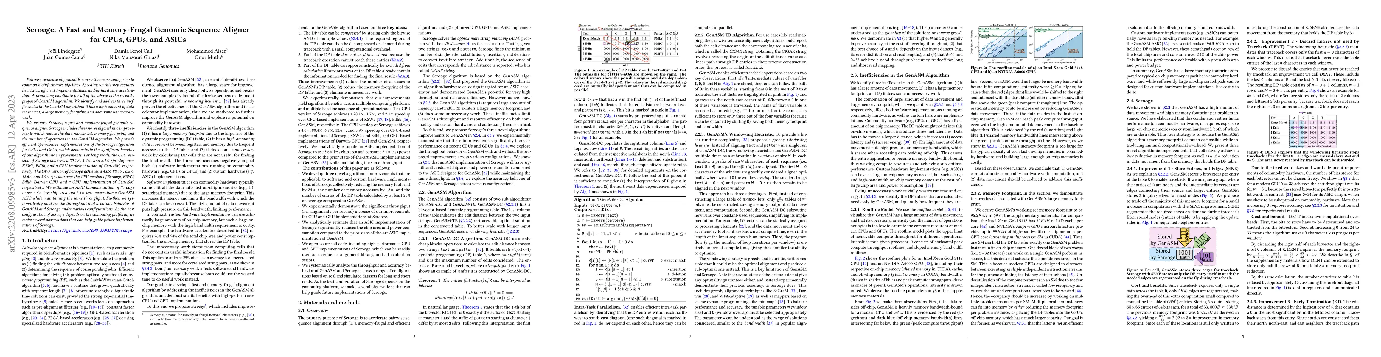 Thumbnail for Scrooge: A Fast and Memory-Frugal Genomic Sequence Aligner for CPUs,
  GPUs, and ASICs