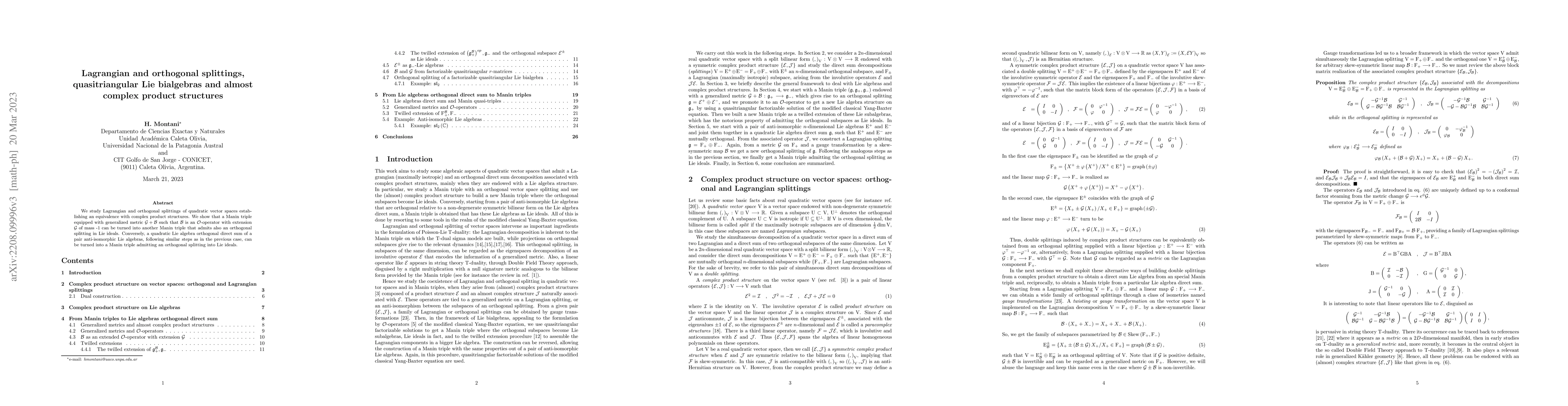 Thumbnail for Lagrangian and orthogonal splittings, quasitriangular Lie bialgebras and
  almost complex product structures