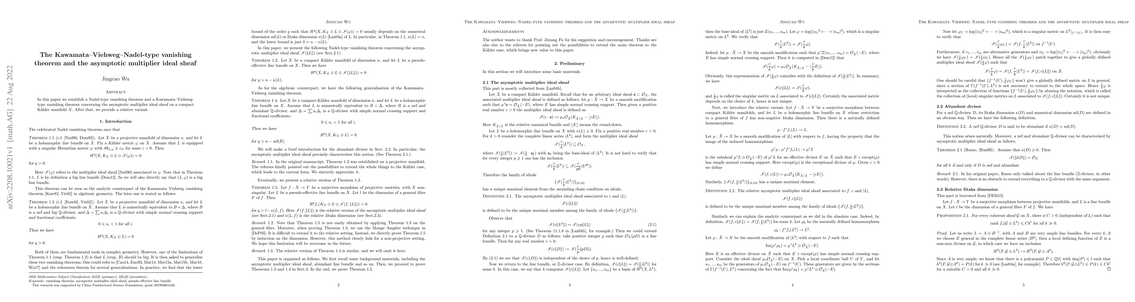 Thumbnail for The Kawamata--Viehweg--Nadel-type vanishing theorem and the asymptotic
  multiplier ideal sheaf