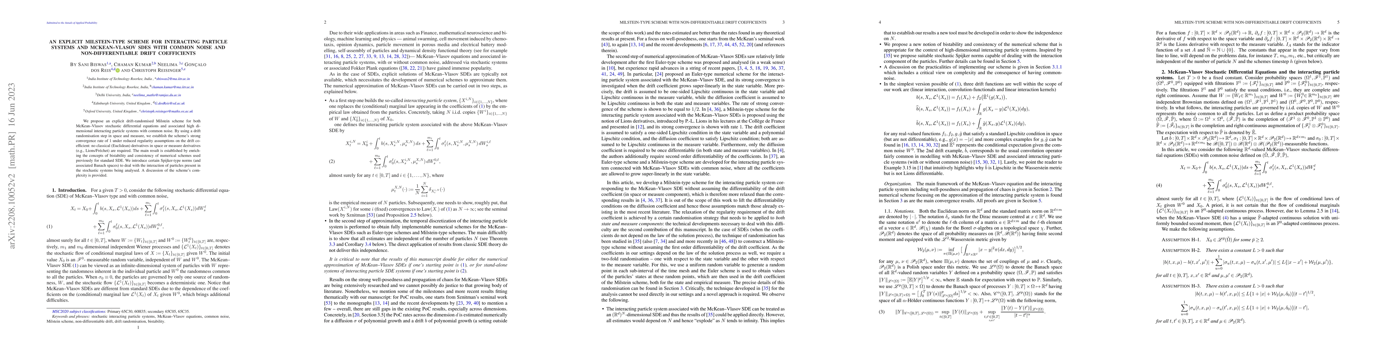 Thumbnail for An explicit Milstein-type scheme for interacting particle systems and
  McKean--Vlasov SDEs with common noise and non-differentiable drift
  coefficients