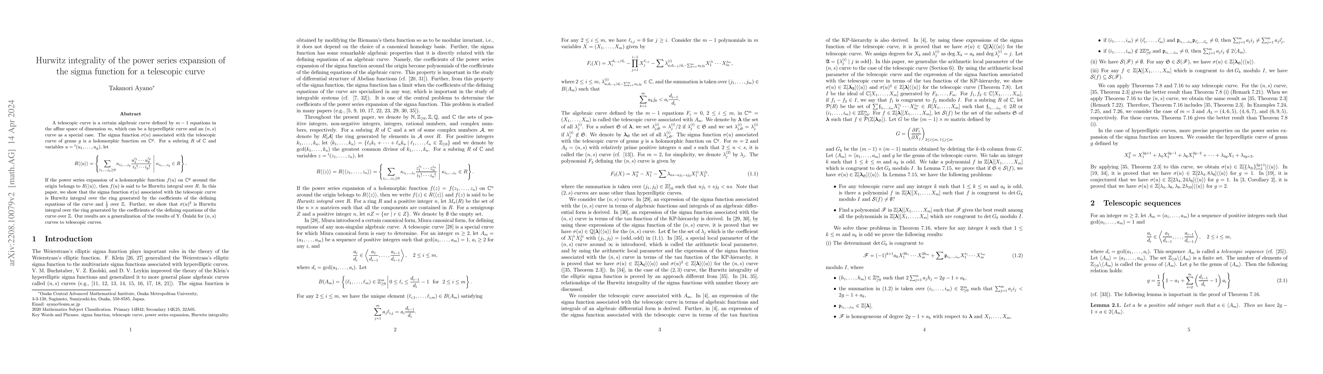 Thumbnail for Hurwitz integrality of the power series expansion of the sigma function
  for a telescopic curve