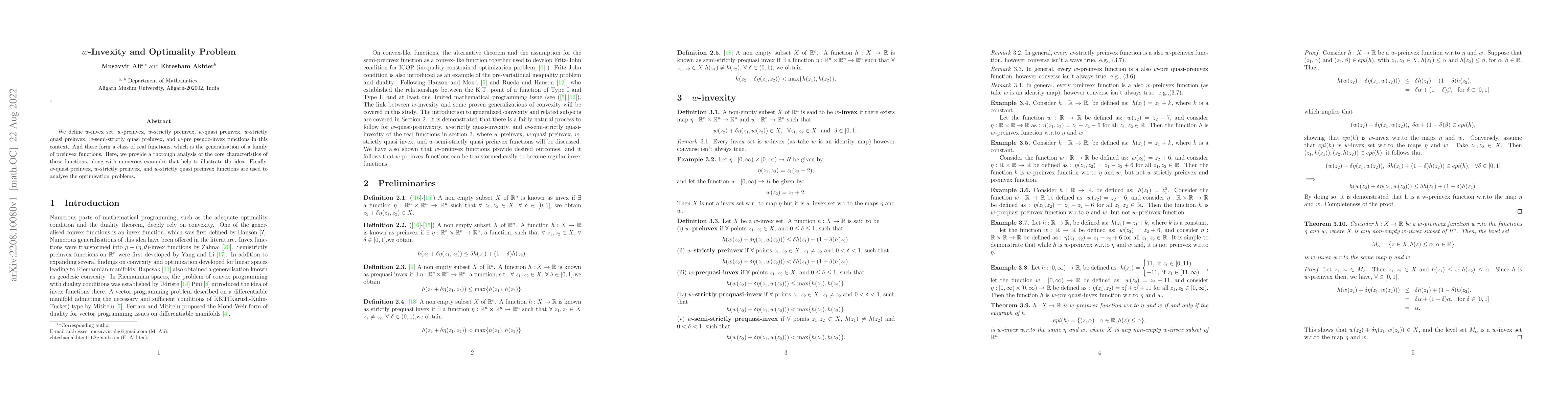 Thumbnail for w-Invexity and Optimality Problem