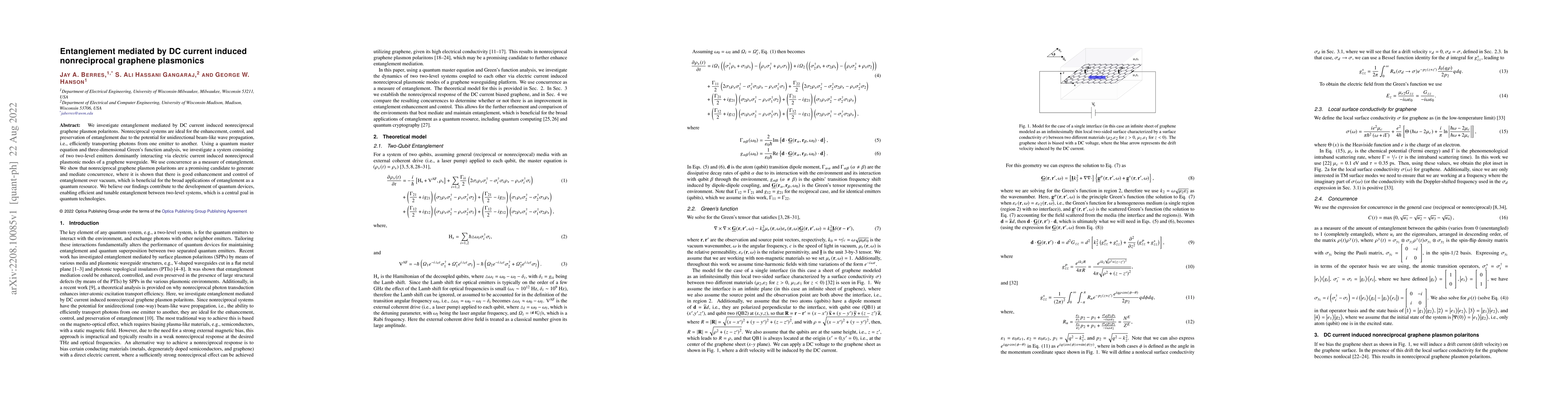 Thumbnail for Entanglement mediated by DC current induced nonreciprocal graphene
  plasmonics