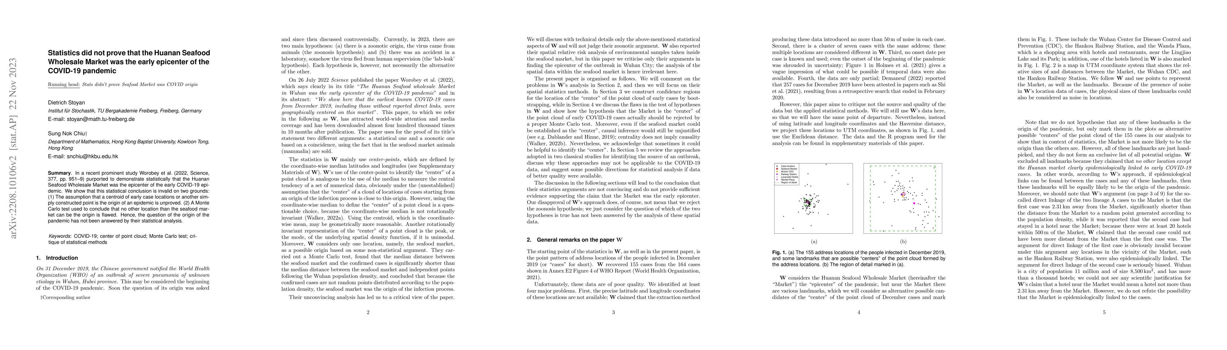Thumbnail for Statistics did not prove that the Huanan Seafood Wholesale Market was
  the early epicenter of the COVID-19 pandemic