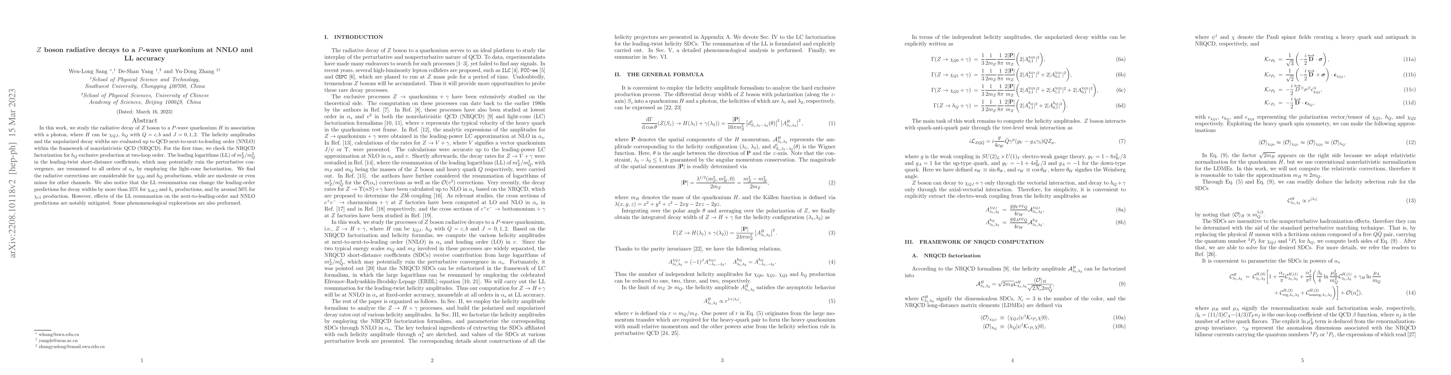 Thumbnail for $Z$ boson radiative decays to a $P$-wave quarkonium at NNLO and LL
  accuracy