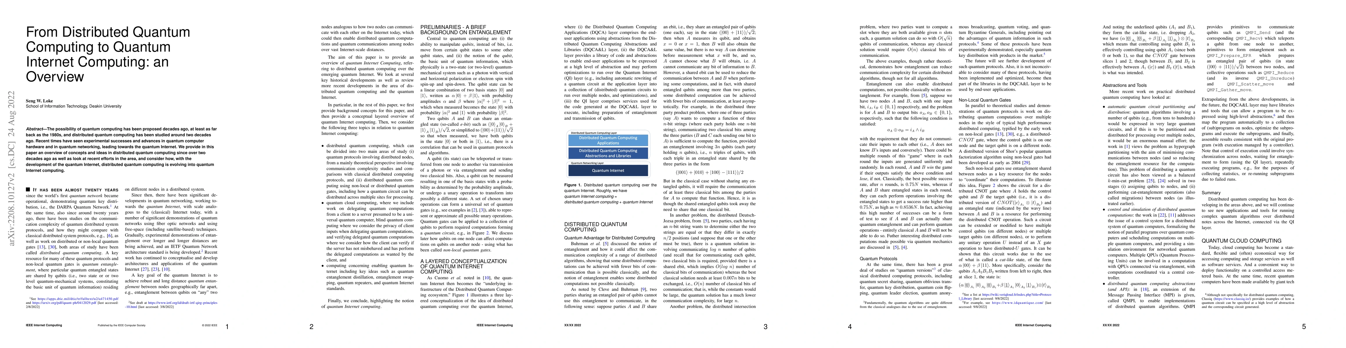 Thumbnail for From Distributed Quantum Computing to Quantum Internet Computing: an
  Overview