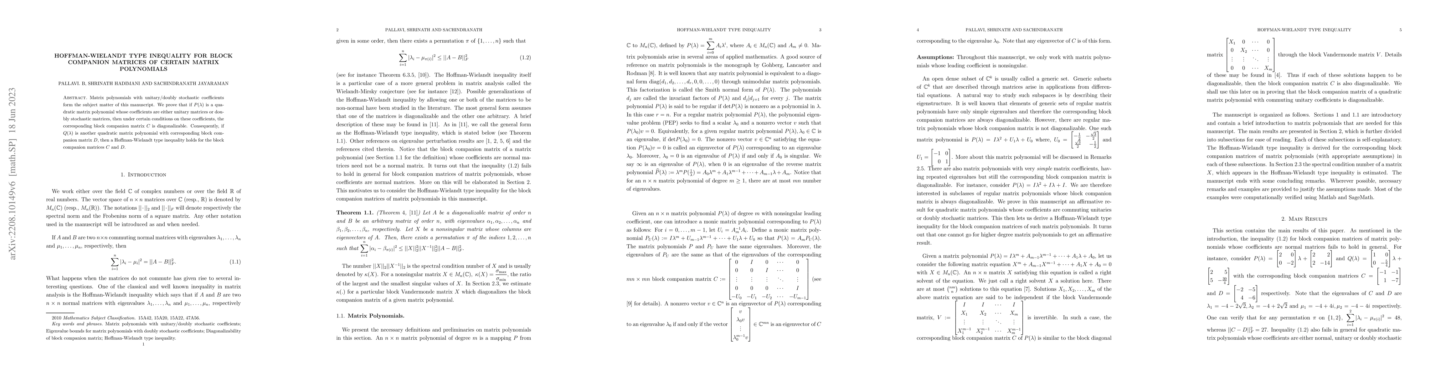 Thumbnail for Hoffman-Wielandt type inequality for block companion matrices of certain
  matrix polynomials