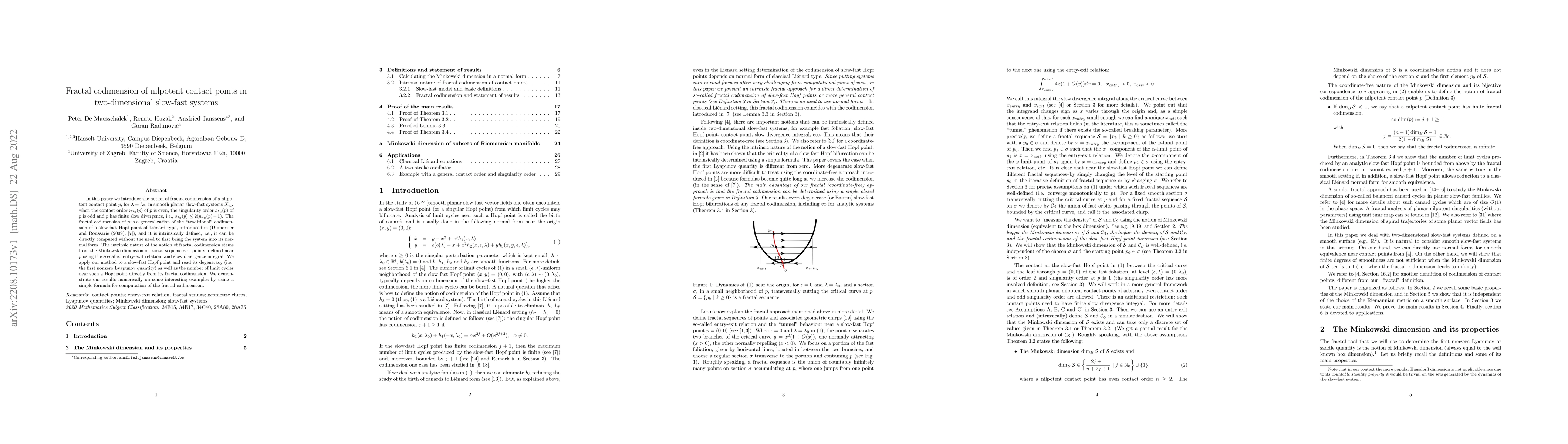 Thumbnail for Fractal codimension of nilpotent contact points in two-dimensional
  slow-fast systems