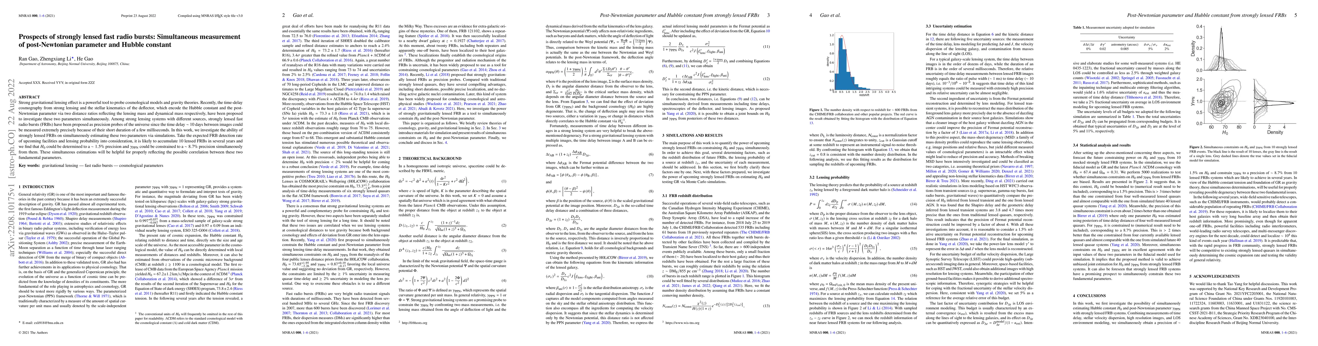 Thumbnail for Prospects of strongly lensed fast radio bursts: Simultaneous measurement
  of post-Newtonian parameter and Hubble constant
