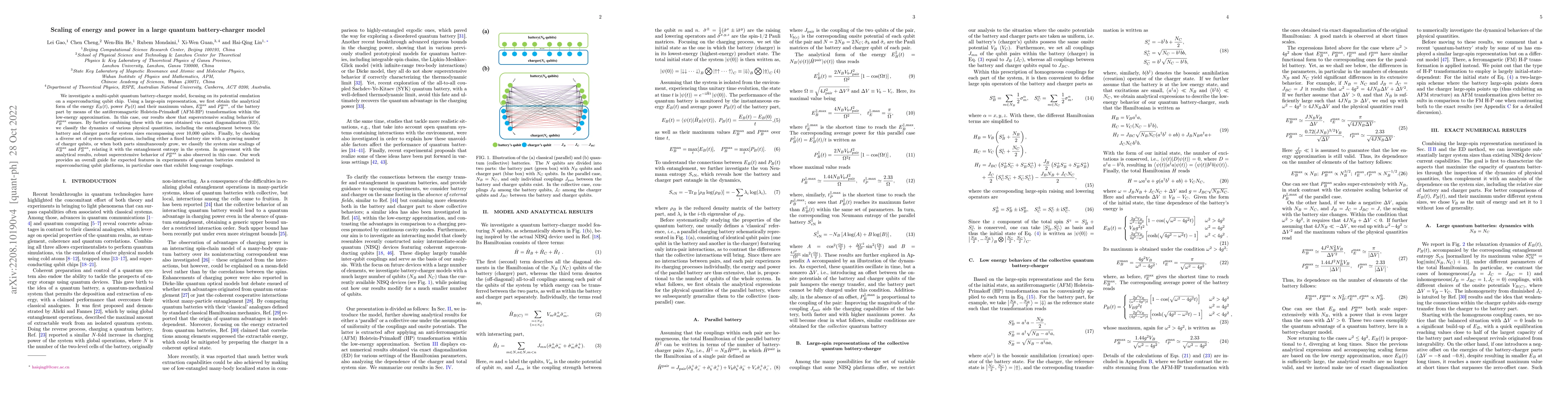Thumbnail for Scaling of energy and power in a large quantum battery-charger model