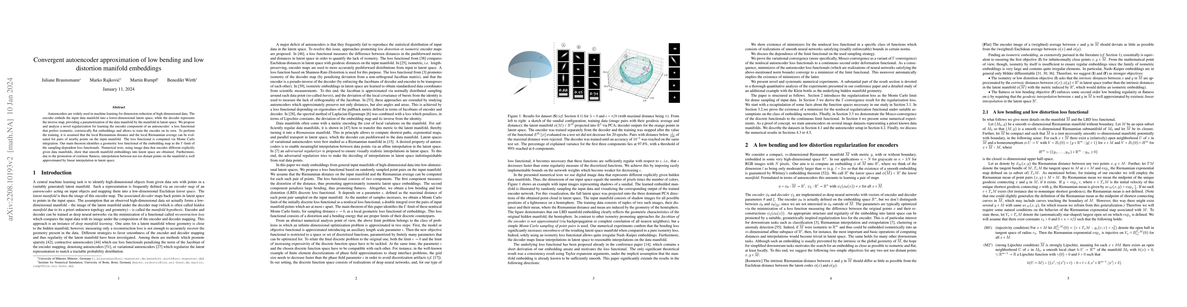 Thumbnail for Convergent autoencoder approximation of low bending and low distortion
  manifold embeddings
