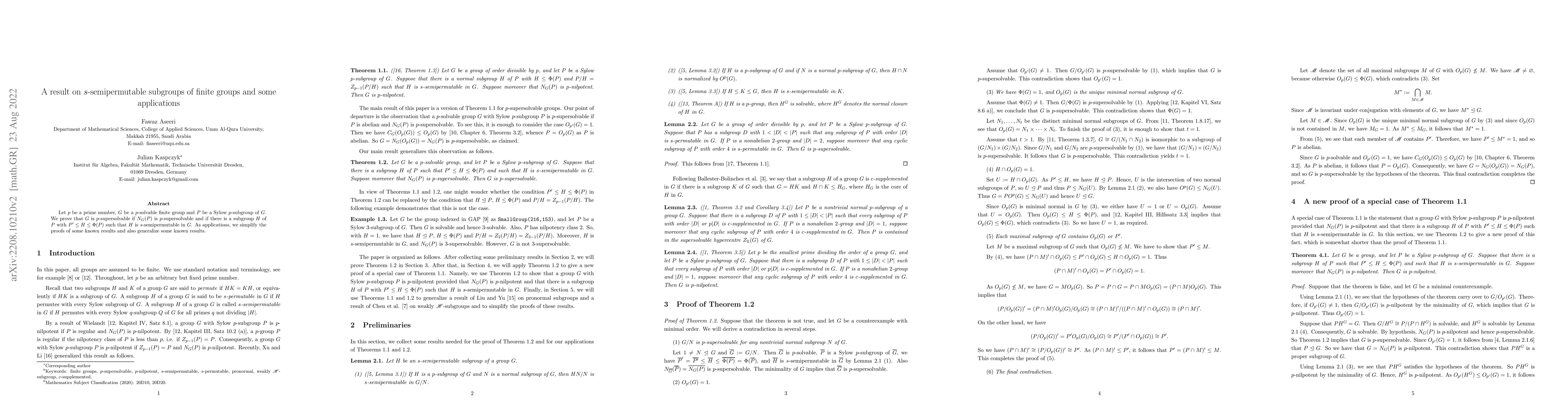 Thumbnail for A result on s-semipermutable subgroups of finite groups and some
  applications