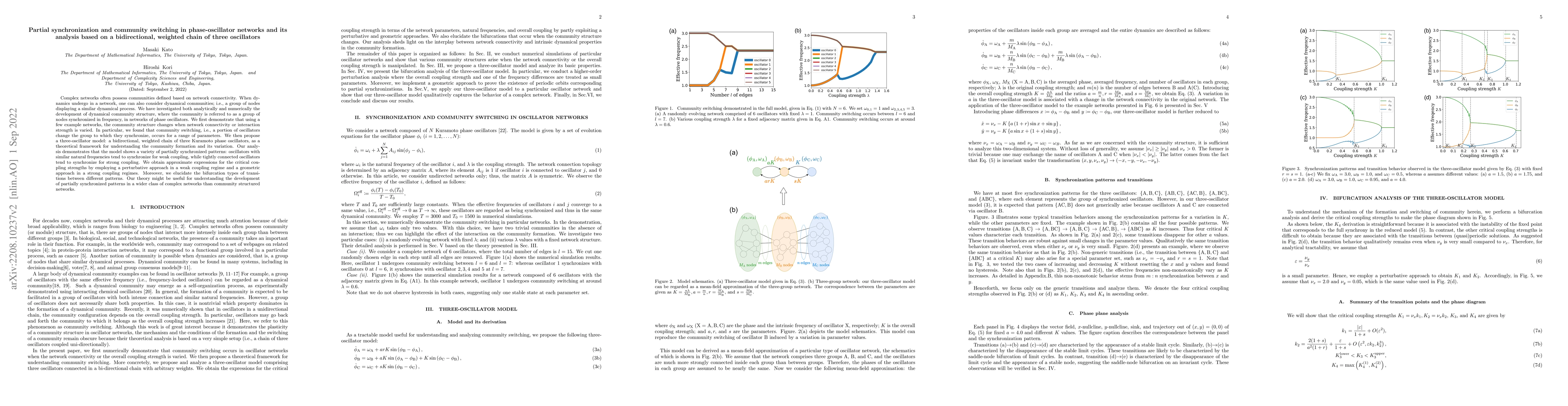Thumbnail for Partial synchronization and community switching in phase-oscillator
  networks and its analysis based on a bidirectional, weighted chain of three
  oscillators