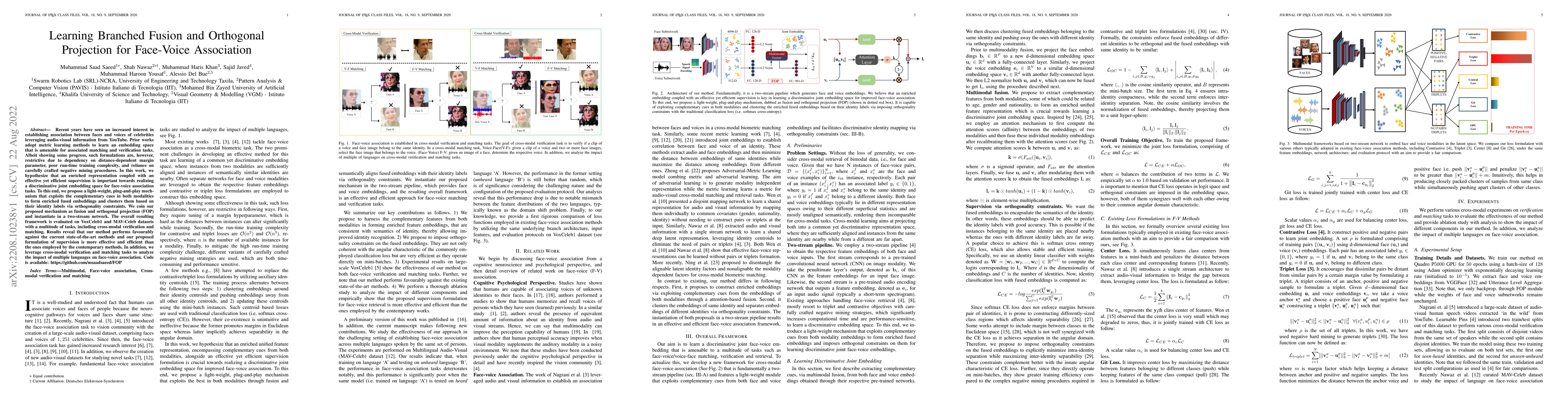 Thumbnail for Learning Branched Fusion and Orthogonal Projection for Face-Voice
  Association