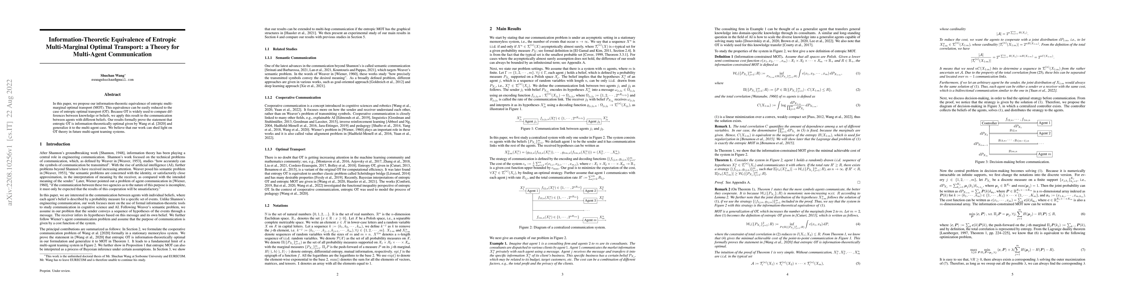Thumbnail for Information-Theoretic Equivalence of Entropic Multi-Marginal Optimal
  Transport: A Theory for Multi-Agent Communication