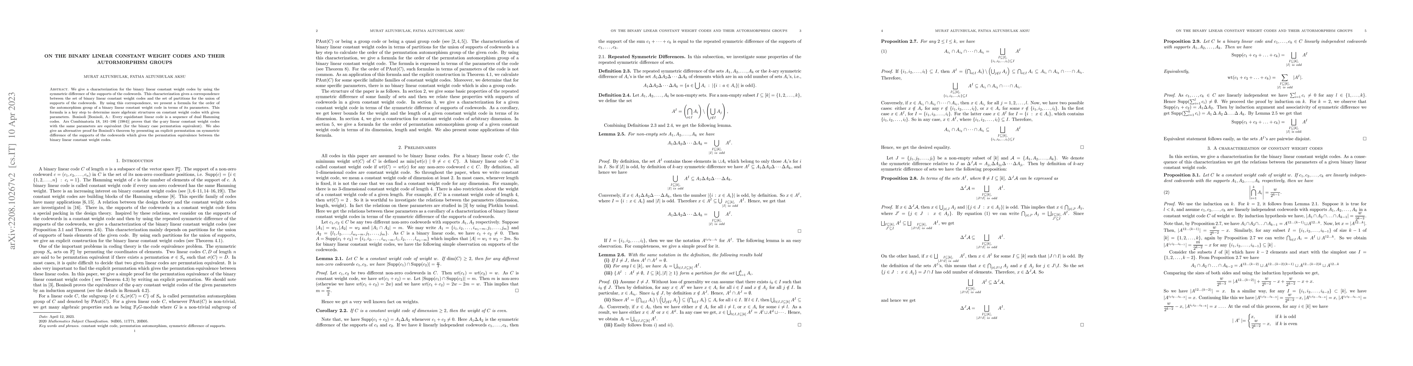 Thumbnail for On the binary linear constant weight codes and their autormorphism
  groups