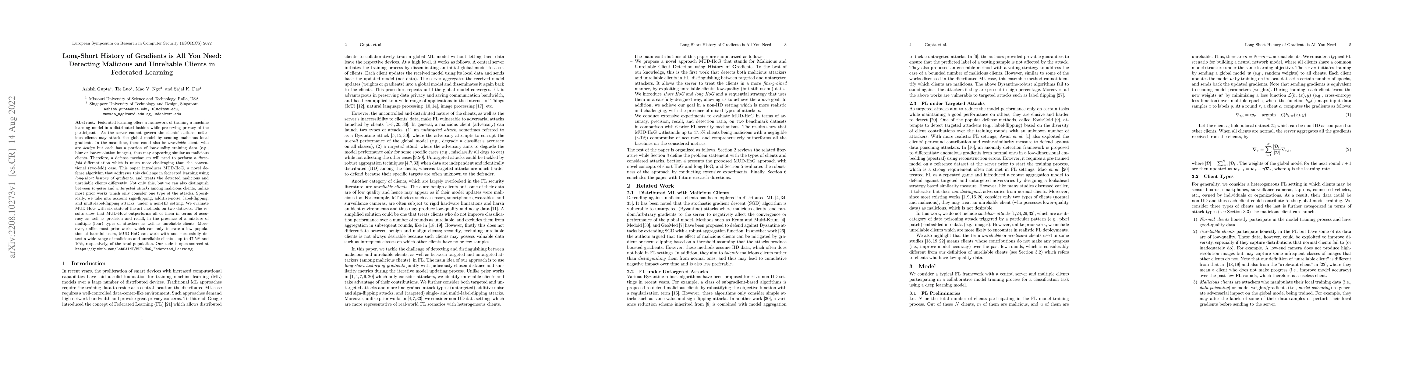 Thumbnail for Long-Short History of Gradients is All You Need: Detecting Malicious and
  Unreliable Clients in Federated Learning