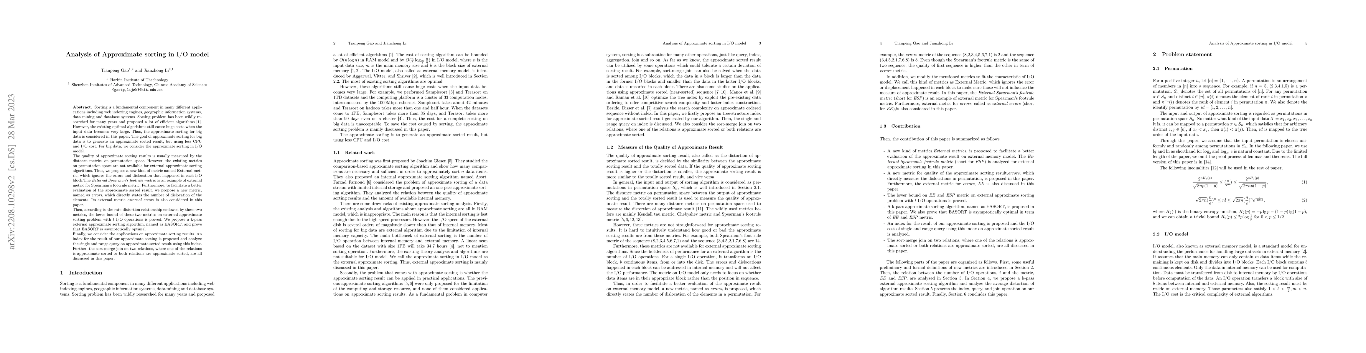 Thumbnail for Approximate sorting and its application in I/O model