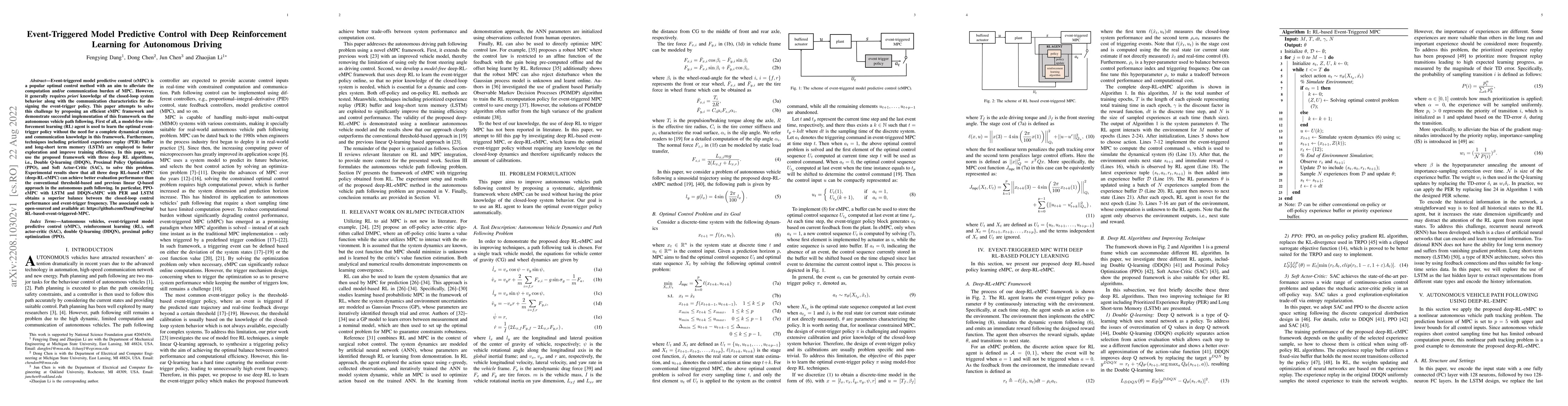 Thumbnail for Event-Triggered Model Predictive Control with Deep Reinforcement
  Learning for Autonomous Driving