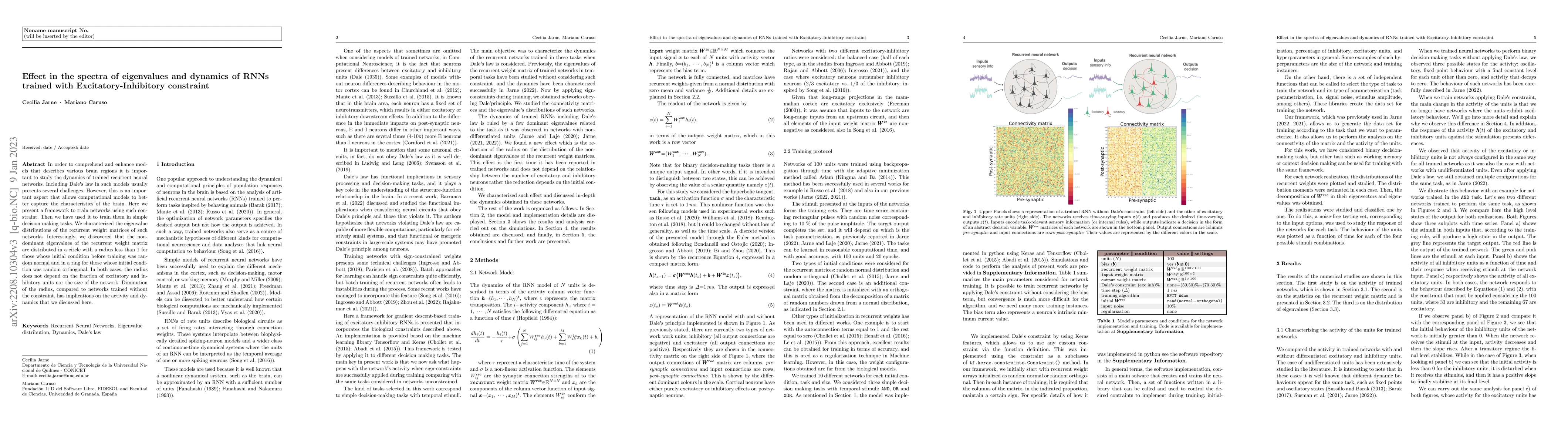 Thumbnail for Effect in the spectra of eigenvalues and dynamics of RNNs trained with
  Excitatory-Inhibitory constraint