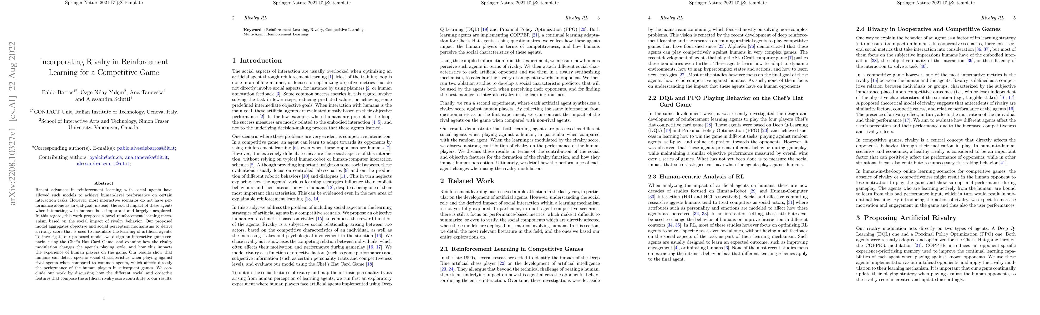 Thumbnail for Incorporating Rivalry in Reinforcement Learning for a Competitive Game