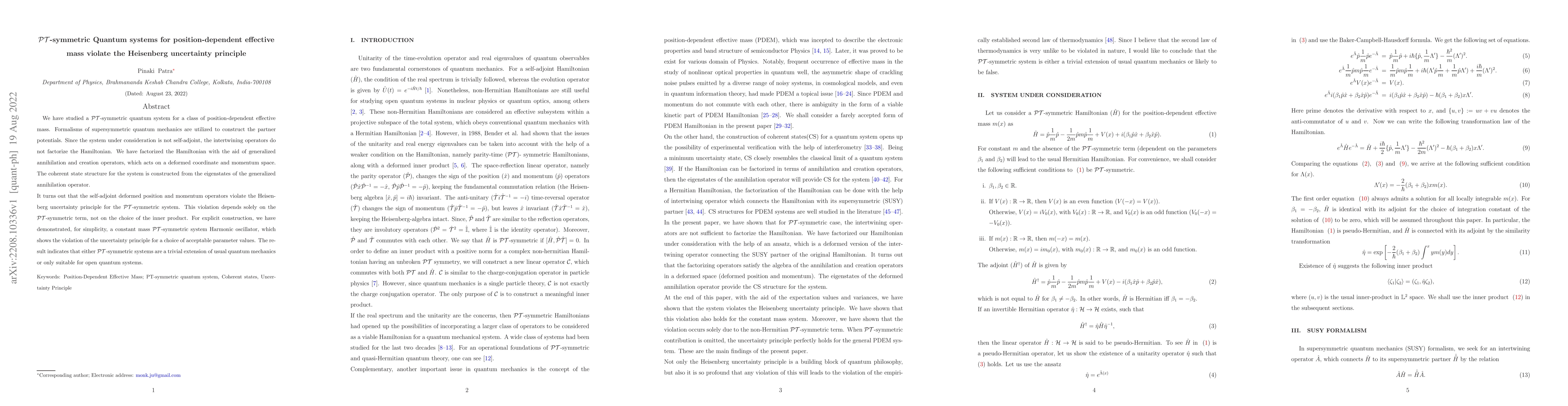 Thumbnail for $\mathcal{P}\mathcal{T}$-symmetric Quantum systems for
  position-dependent effective mass violate the Heisenberg uncertainty
  principle