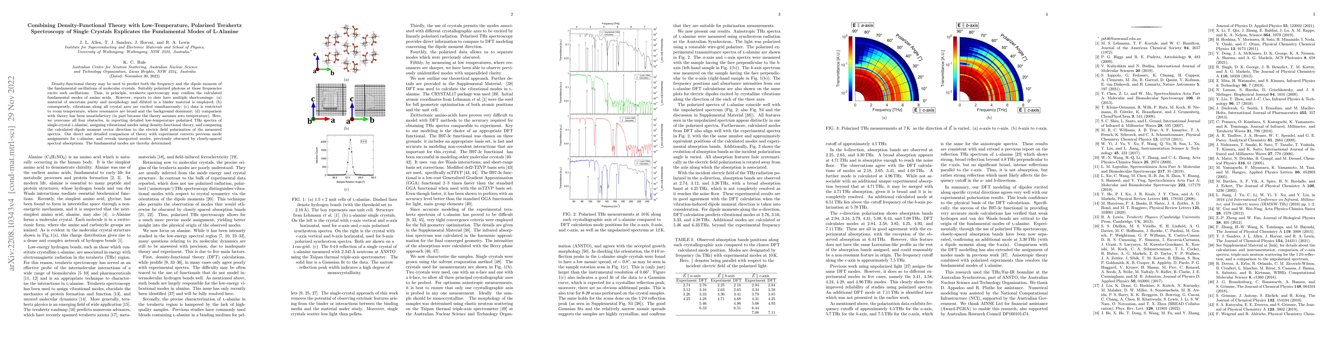 Thumbnail for Combining Density-Functional Theory with Low-Temperature, Polarized
  Terahertz Spectroscopy of Single Crystals Explicates the Fundamental Modes of
  L-Alanine
