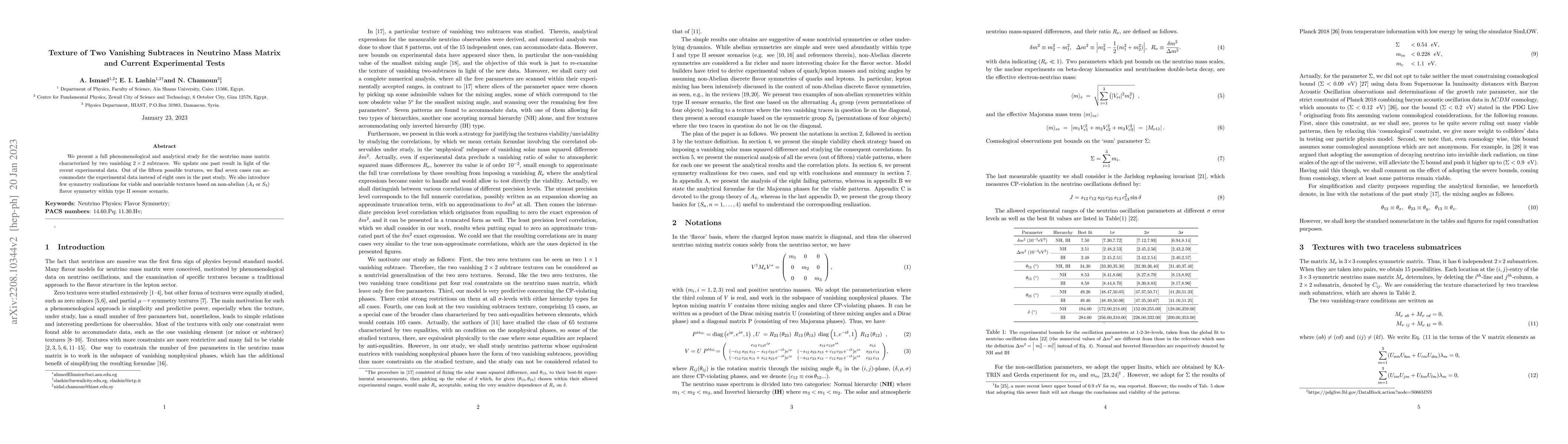 Thumbnail for Texture of Two Vanishing Subtraces in Neutrino Mass Matrix and Current
  Experimental Tests