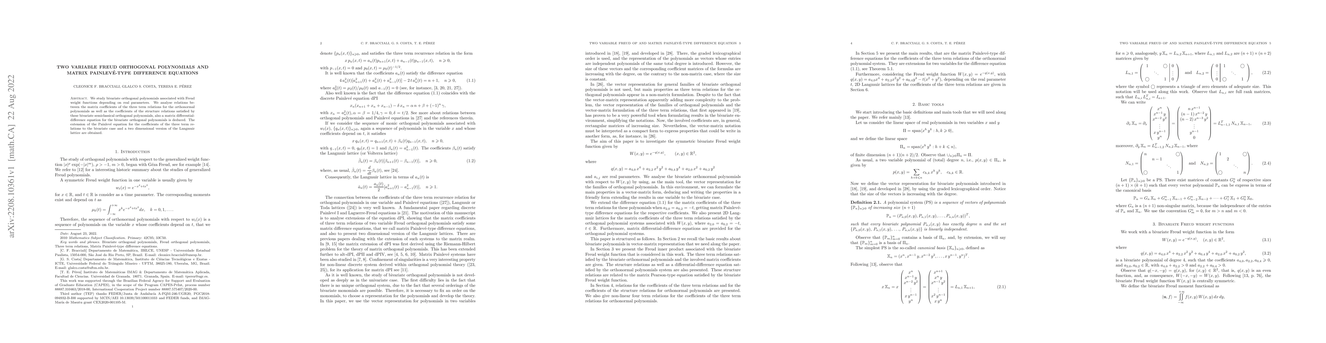 Thumbnail for Two variable Freud orthogonal polynomials and matrix Painlev\'e-type
  difference equations